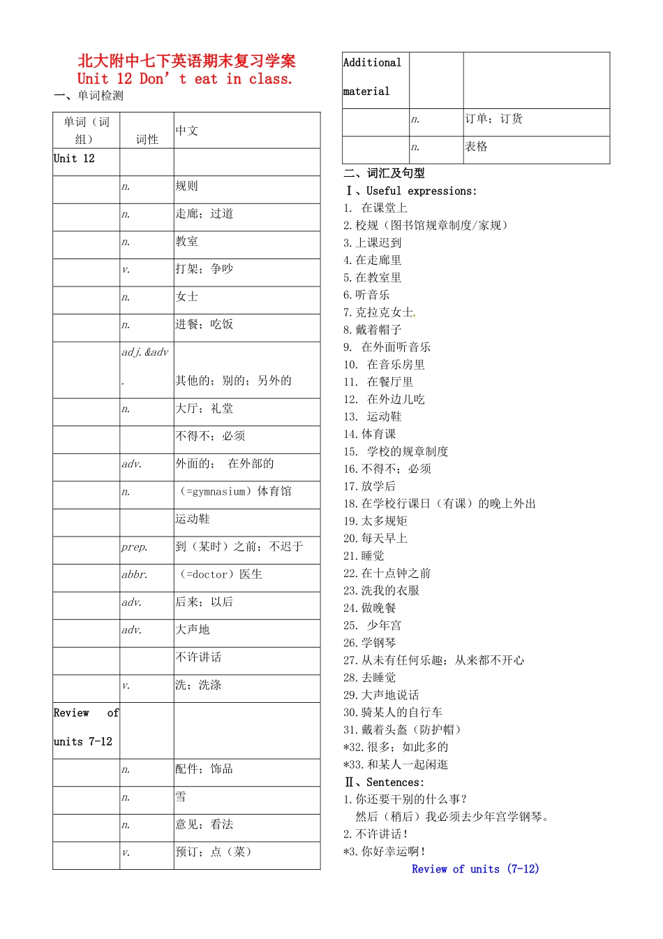 湖北省武汉市为明实验学校七年级英语下册《Unit 12 Don’t eat in class》学案 人教新目标版_第1页