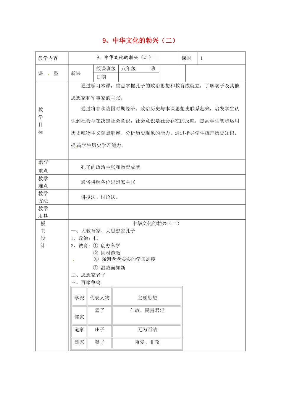 黑龙江省虎林市八五零农场学校七年级历史上册 9.中华文化的勃兴（二）教案 新人教版_第1页