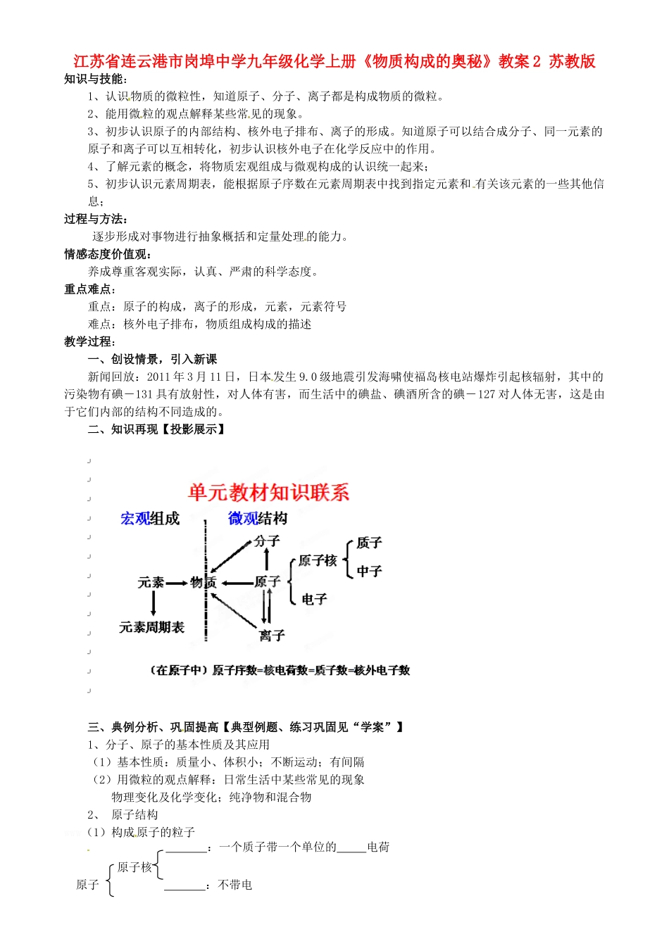 江苏省连云港市岗埠中学九年级化学上册《物质构成的奥秘》教案2 苏教版_第1页