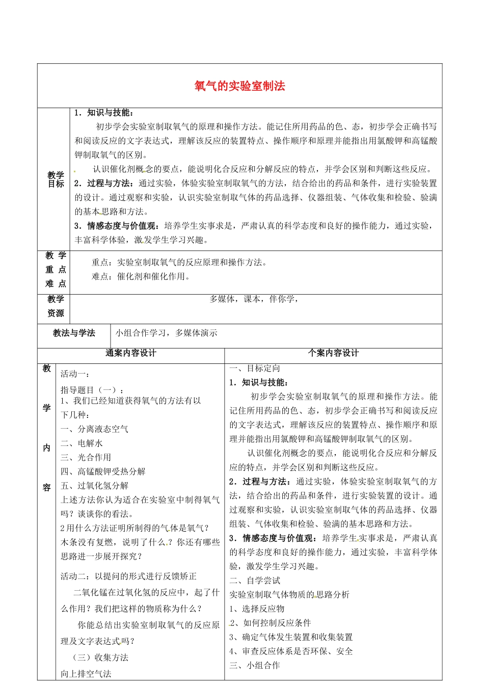 八年级化学全册 4.2《氧气》氧气的实验室制法教案1 （新版）鲁教版五四制-鲁教版五四制初中八年级全册化学教案_第1页