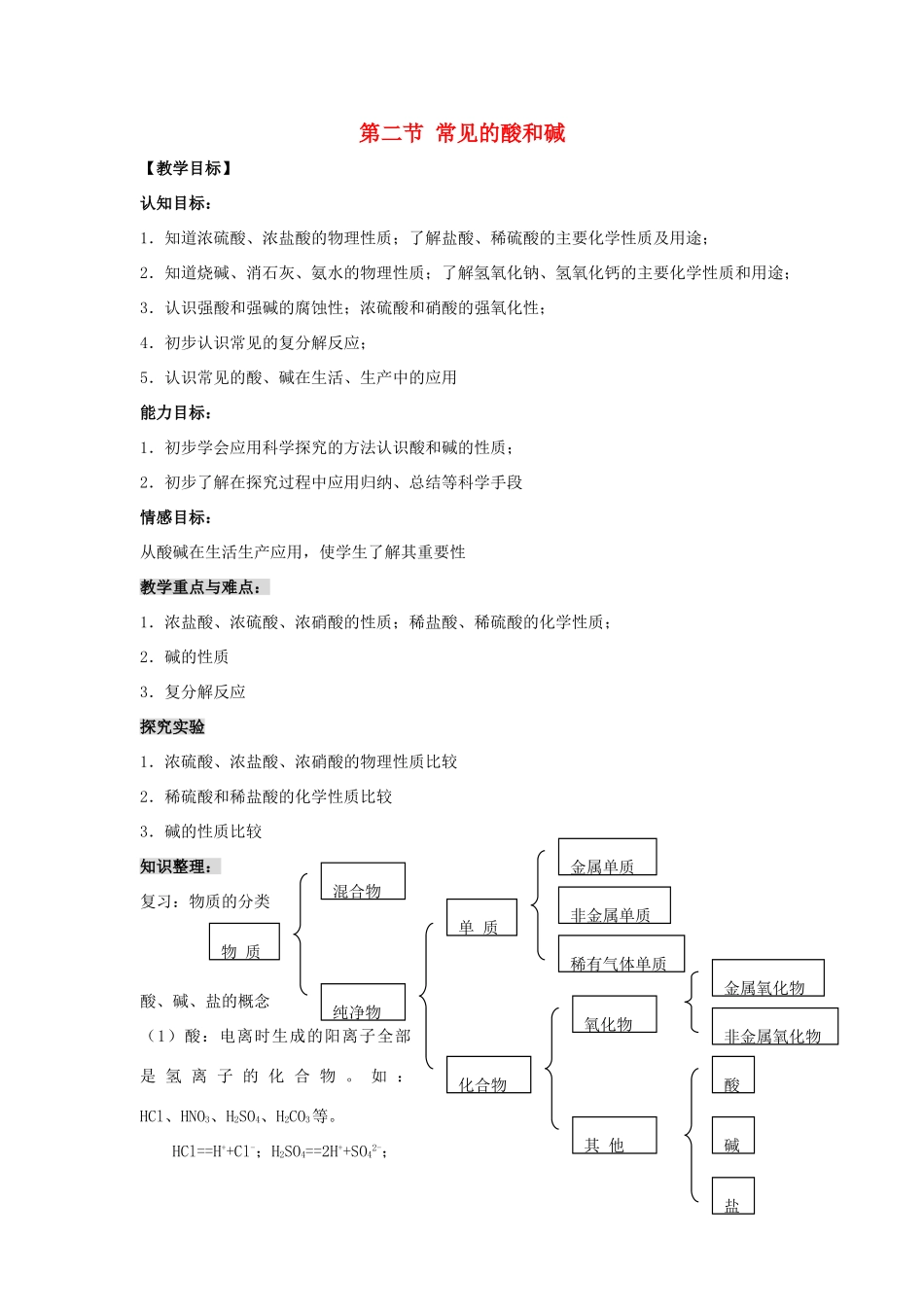 福建省泉州市泉港三川中学九年级化学全册 第七章 第二节 常见的酸和碱教案 沪教版_第1页