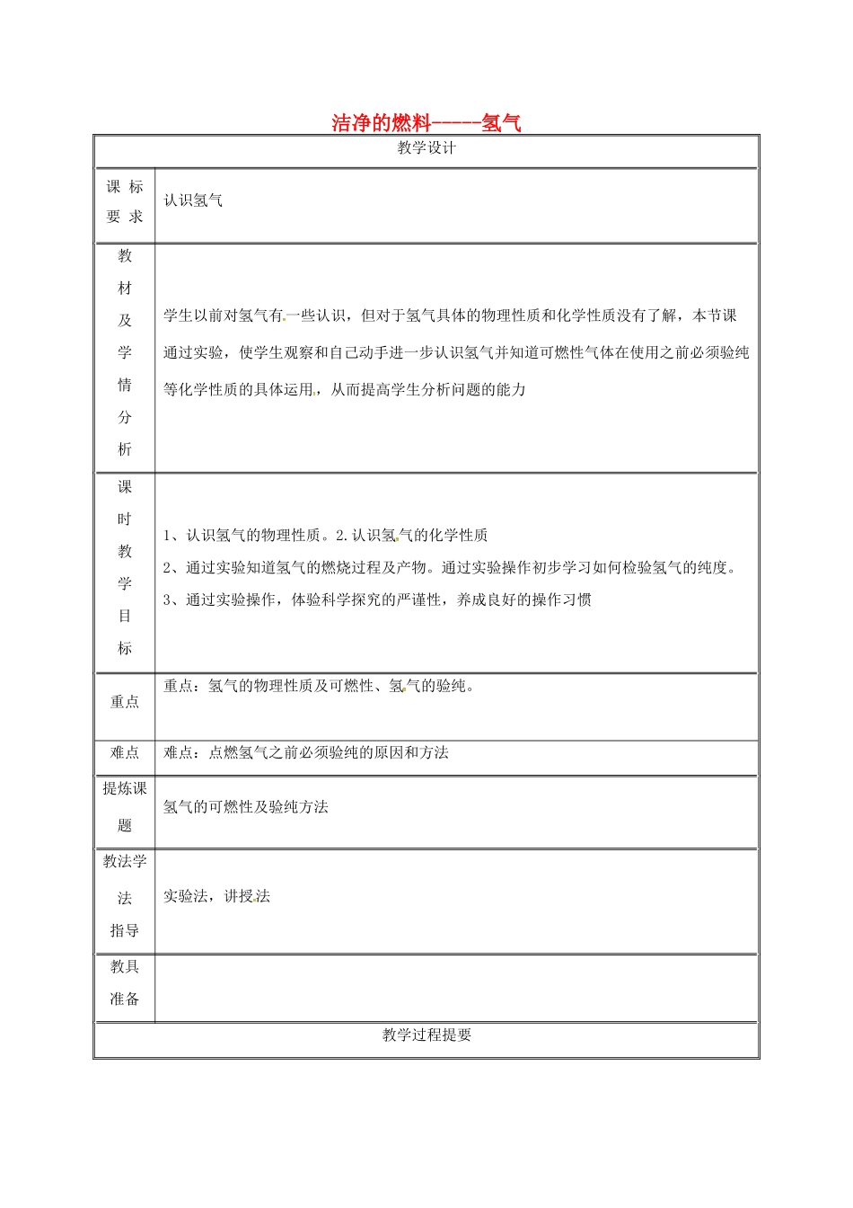 湖南省益阳市资阳区迎丰桥镇九年级化学上册 第五章 燃料 5.1 洁净的燃料—氢气（第1课时）教案 （新版）粤教版-（新版）粤教版初中九年级上册化学教案_第1页