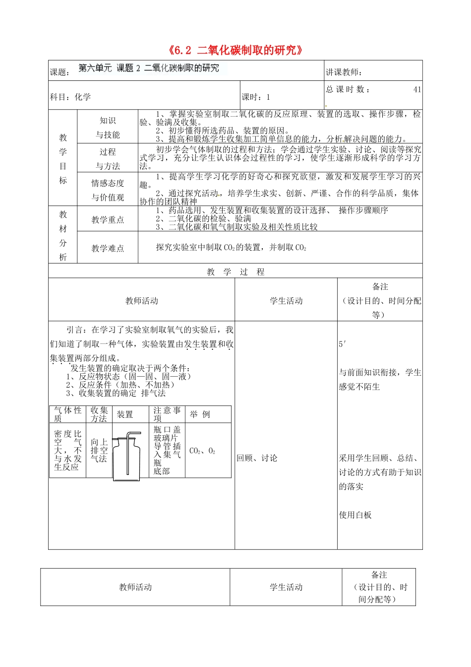 吉林省四平市第十七中学九年级化学上册《6.2 二氧化碳制取的研究》教案 （新版）新人教版_第1页
