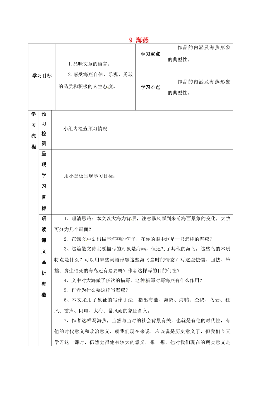 甘肃省定西市八年级语文下册 第二单元 9 海燕导学案2 （新版）新人教版-（新版）新人教版初中八年级下册语文学案_第1页