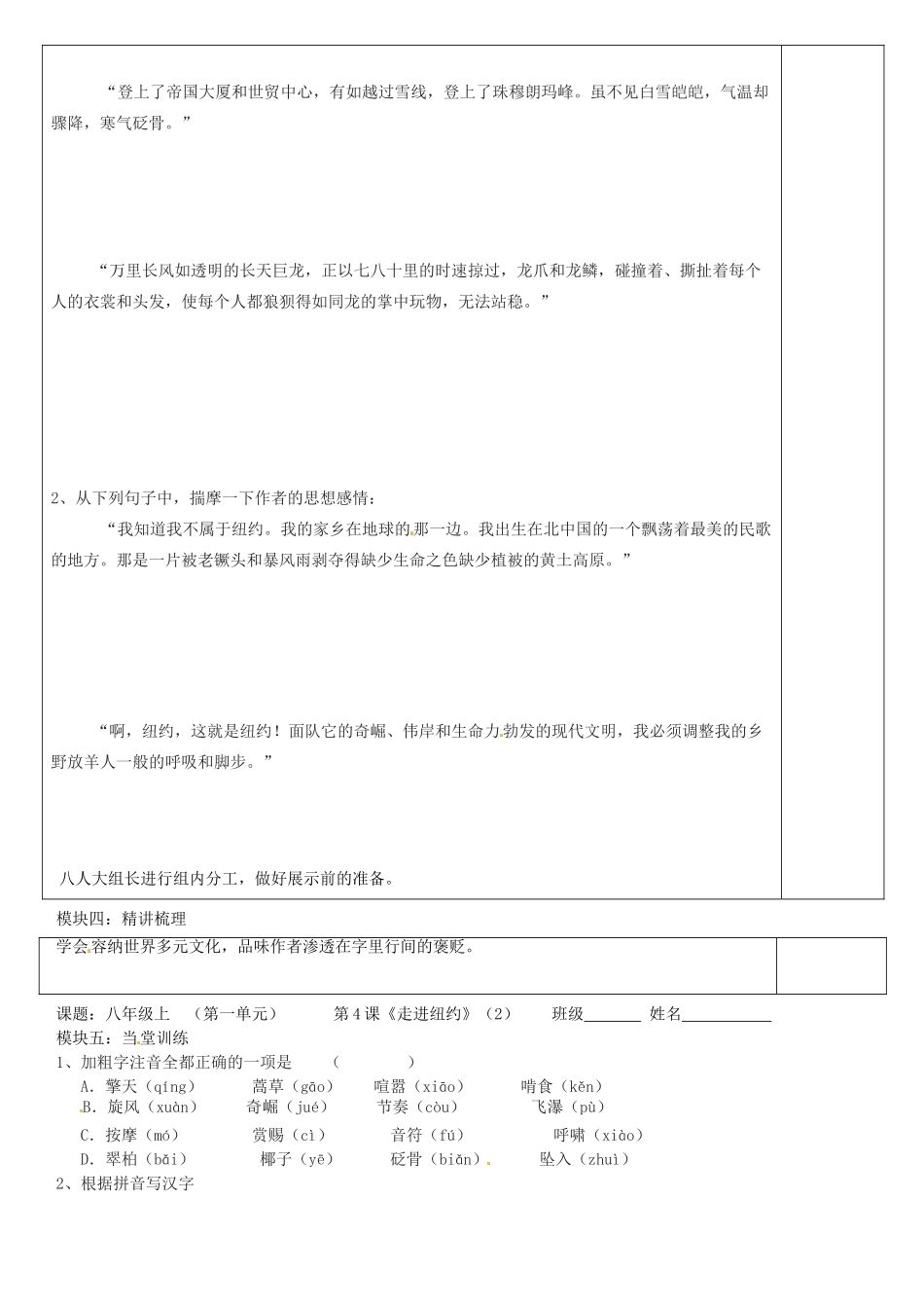 广东省河源市中英文实验学校八年级语文上册《第4课 走进纽约》讲学稿2 语文版_第2页