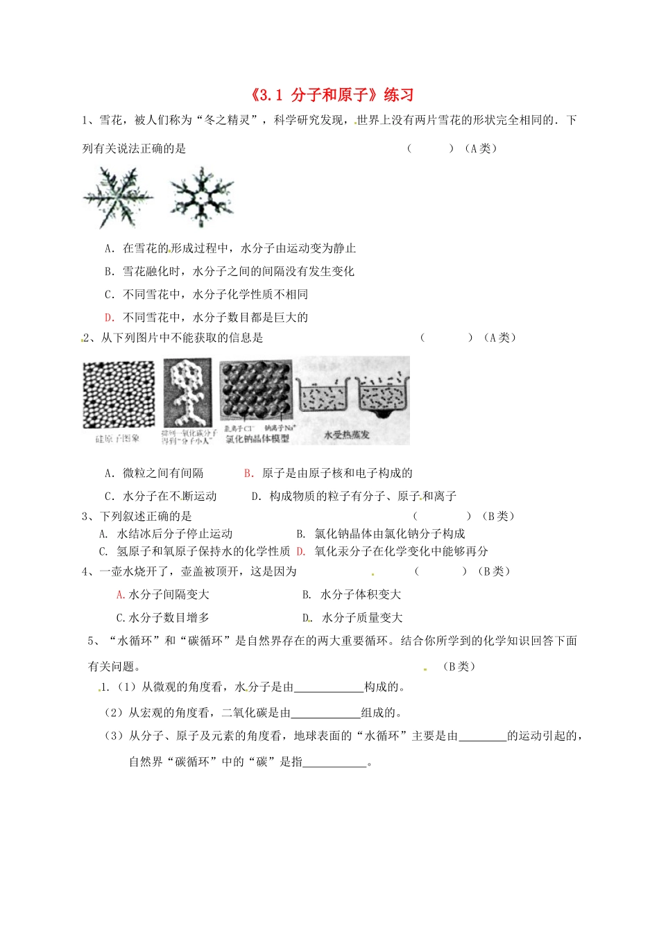 江苏省东台市唐洋镇中学九年级化学上册《3.1 分子和原子》练习（无答案） 新人教版_第1页