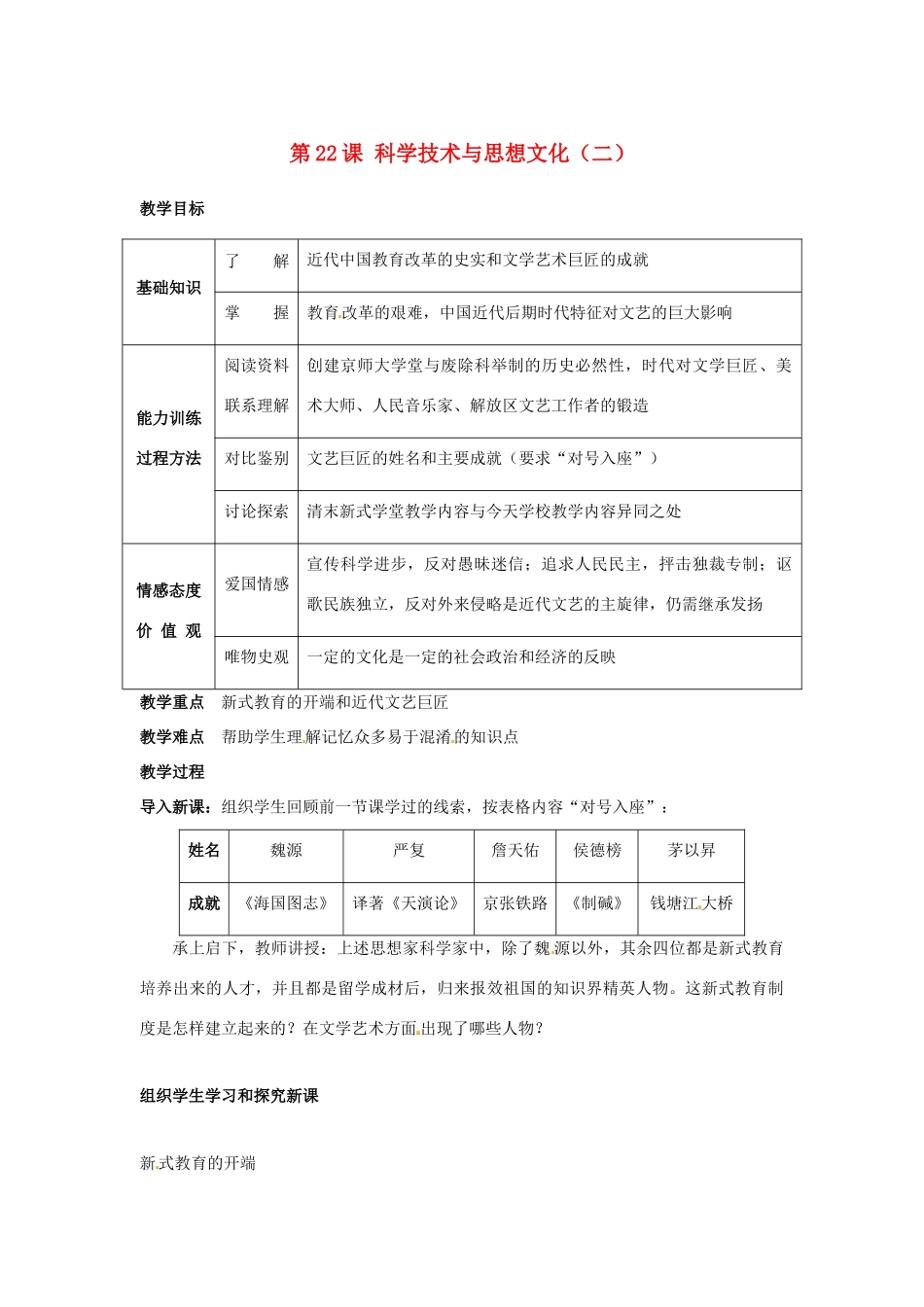 八年级历史上册 7.22《科学技术与思想文化（二）》教案 人教新课标版_第1页