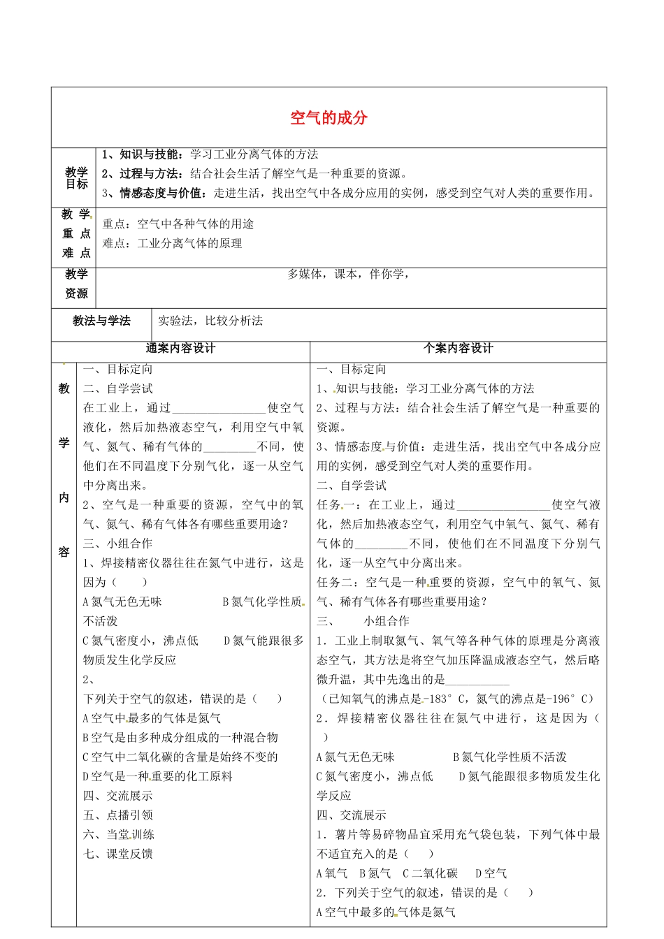 八年级化学全册 4.1 空气的成分教案2 （新版）鲁教版五四制-鲁教版五四制初中八年级全册化学教案_第1页