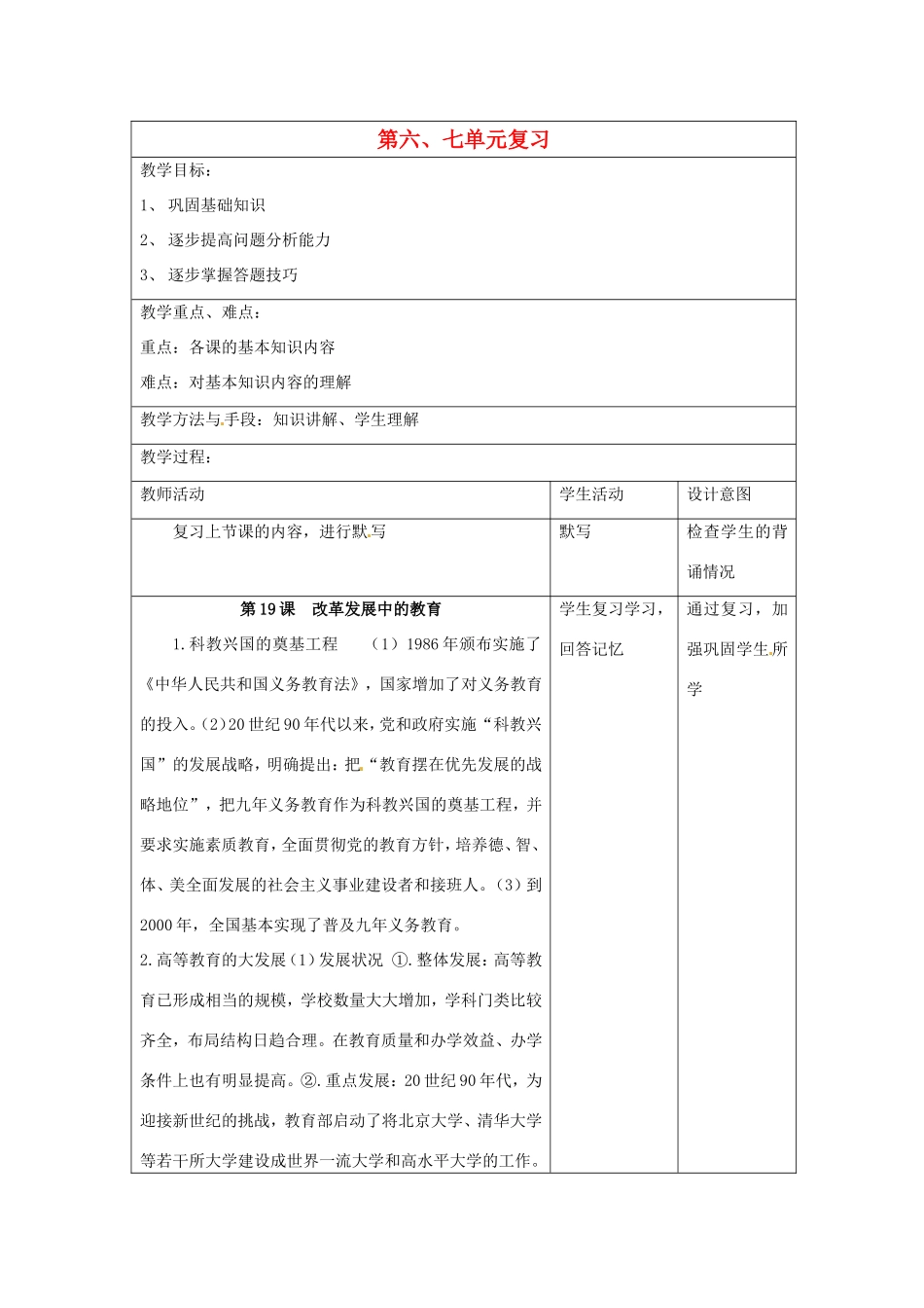 江苏省昆山市锦溪中学八年级历史下册 第6-7单元复习教案2 新人教版_第1页