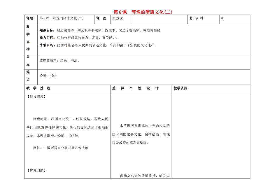 吉林省长春市第一零四中学七年级历史下册 第8课 辉煌的隋唐文化(二)教案 新人教版_第1页