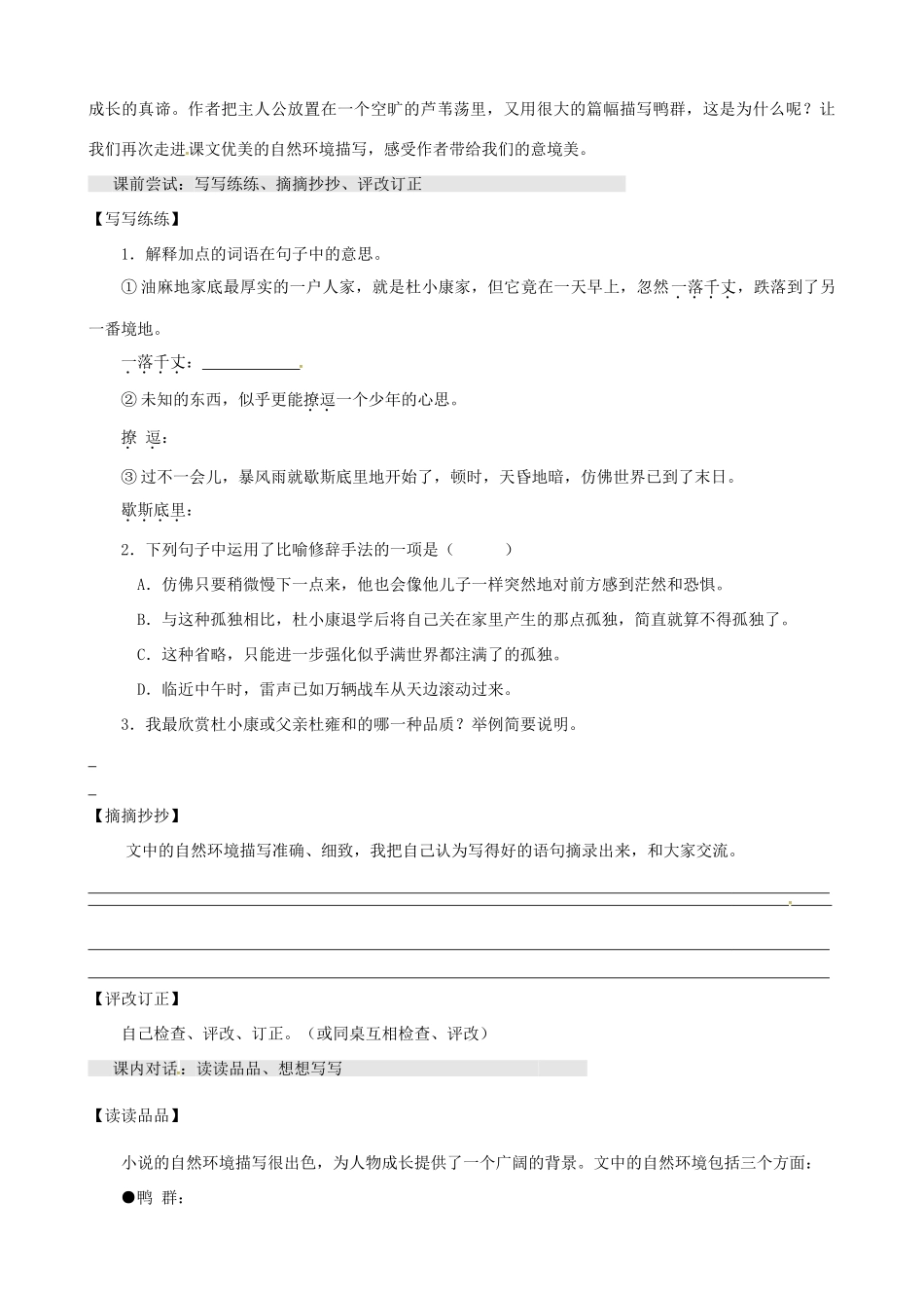 江苏省淮安市九年级语文上册 第四单元 16《孤独之旅》导学案 新人教版-新人教版初中九年级上册语文学案_第3页