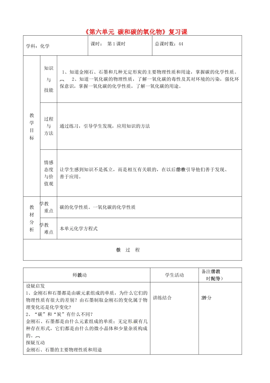 吉林省四平市第十七中学九年级化学上册《第六单元 碳和碳的氧化物》复习课教案1 （新版）新人教版_第1页
