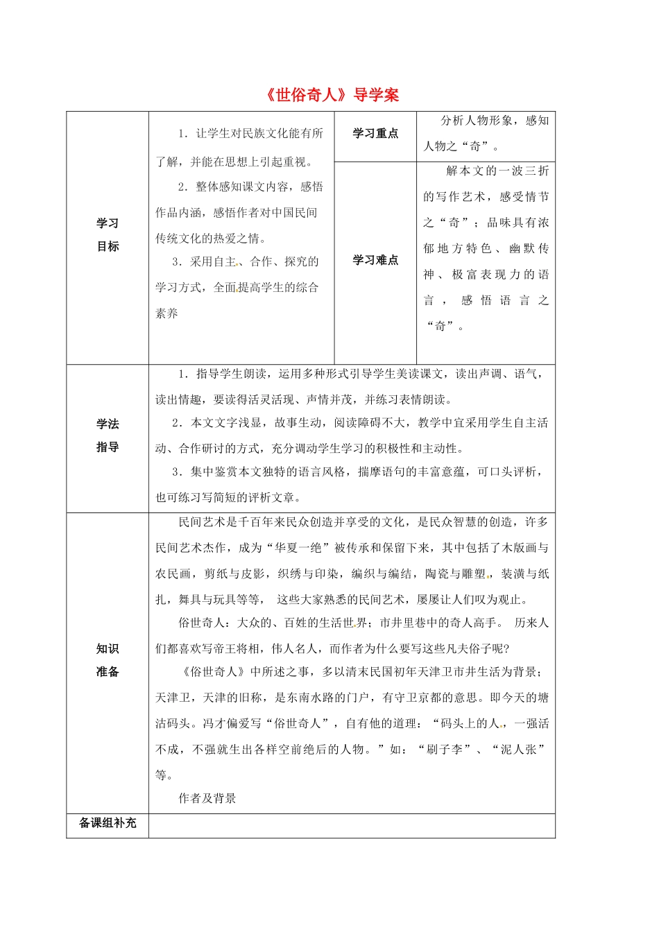甘肃省定西市八年级语文下册 第四单元 20 世俗奇人导学案1 （新版）新人教版-（新版）新人教版初中八年级下册语文学案_第1页
