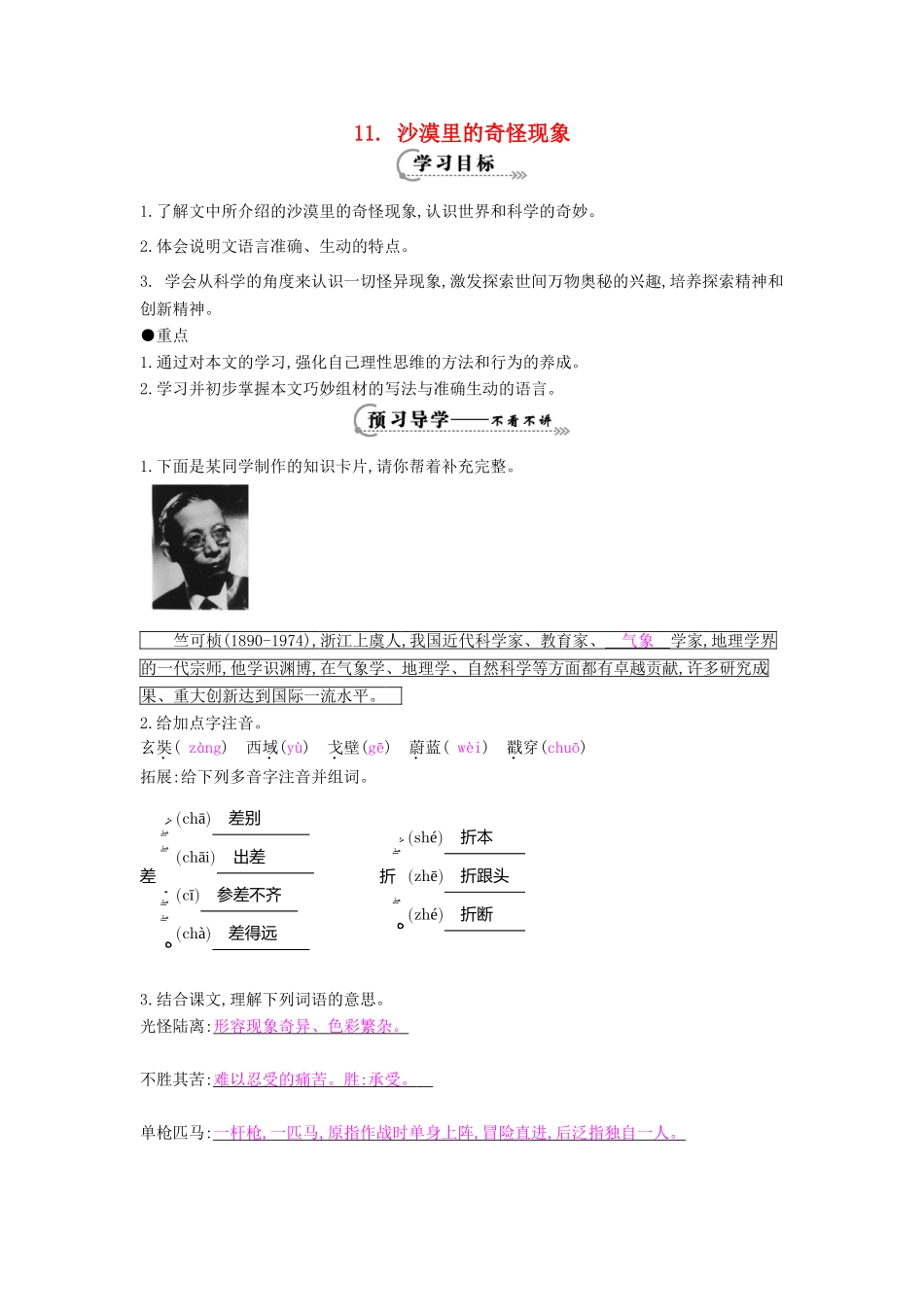 八年级语文下册 第11课 沙漠里的奇怪现象导学案 苏教版-苏教版初中八年级下册语文学案_第1页