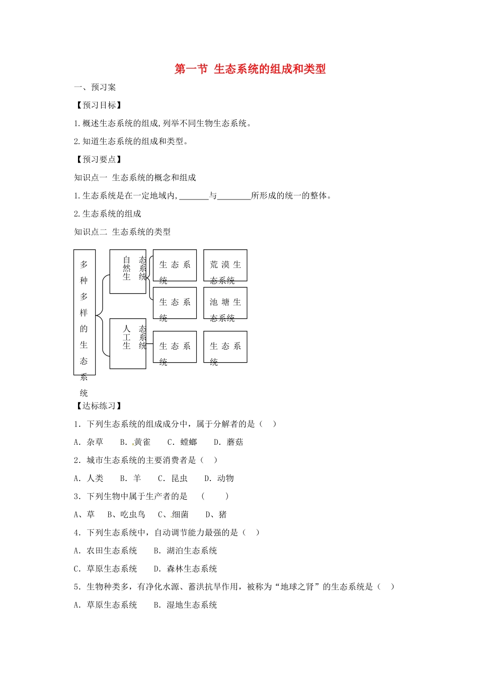 八年级生物下册 7.2.1 生态系统的组成和类型导学案 （新版）冀教版-（新版）冀教版初中八年级下册生物学案_第1页