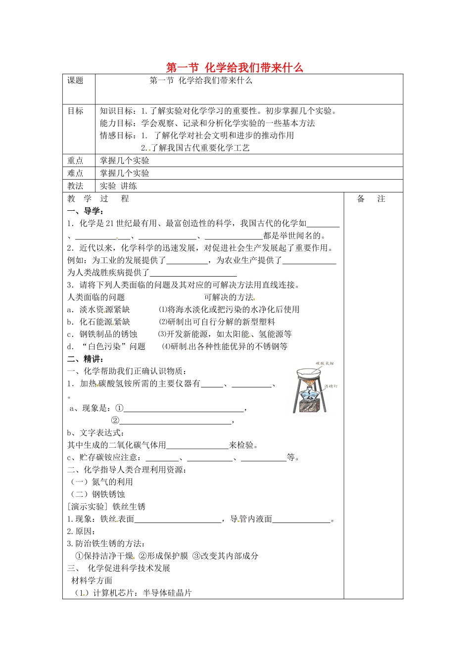 江苏省句容市行香中学九年级化学全册《第一节 化学给我们带来什么》教案 沪教版_第1页