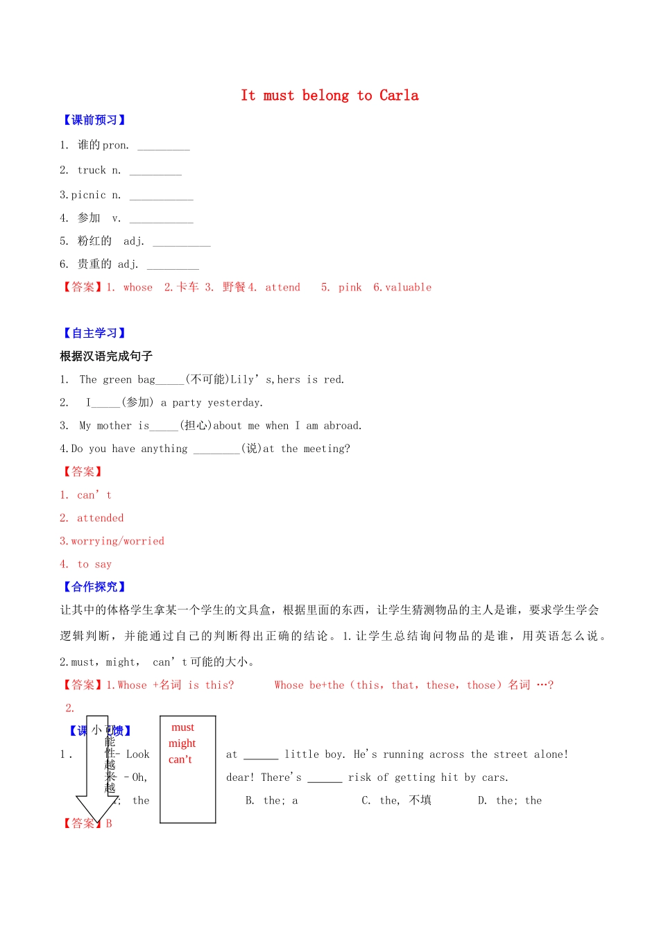 北大绿卡九年级英语全册 Unit 8 It must belong to Carla（第1课时）Section A（1a-2d）导学案 （新版）人教新目标版-（新版）人教新目标版初中九年级全册英语学案_第1页