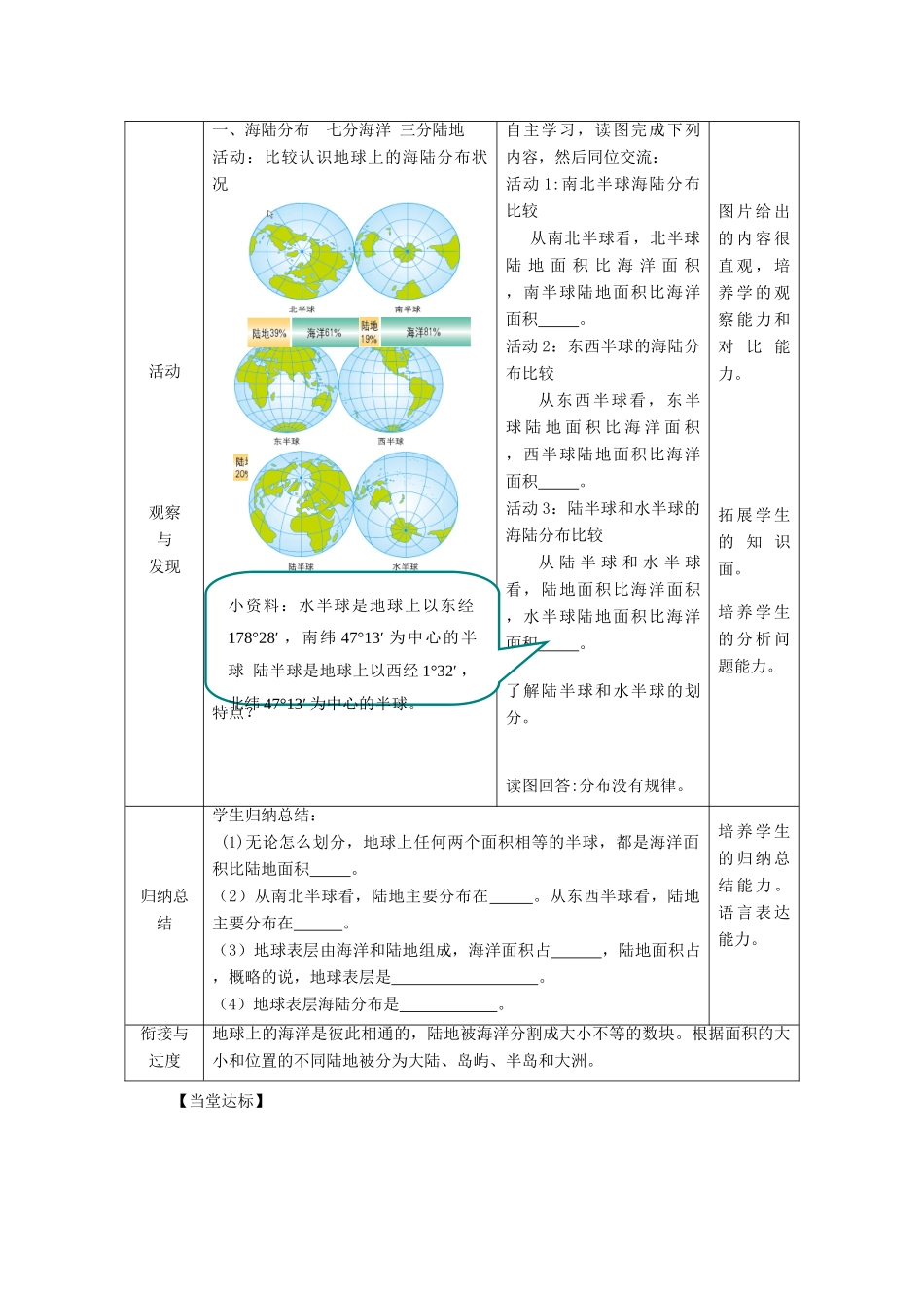 （水滴系列）七年级地理上册 第三章 第1节 海陆分布（第1课时）教案 （新版）商务星球版-（新版）商务星球版初中七年级上册地理教案_第2页