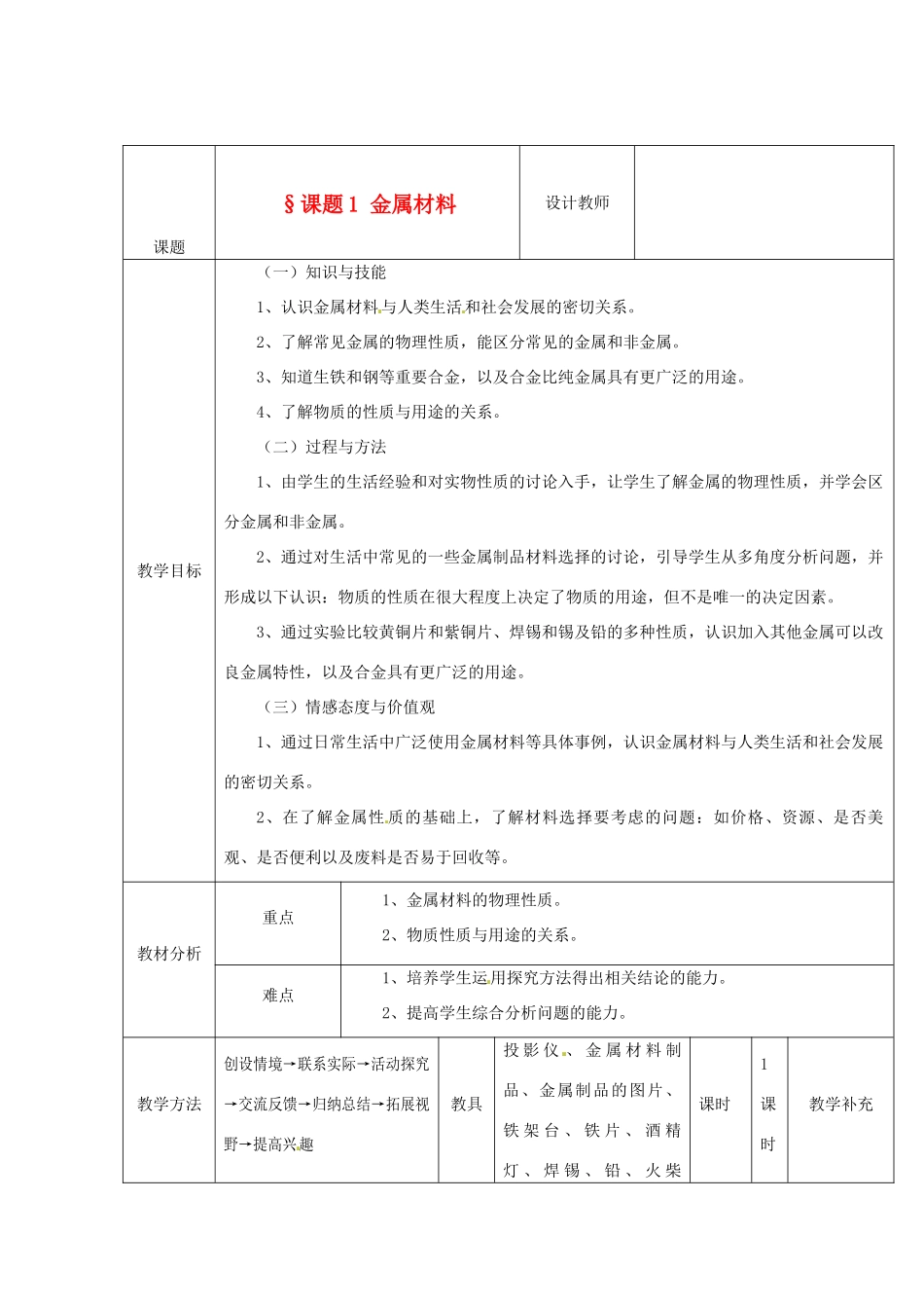 福建省东桥经济开发区九年级化学《金属材料》教案_第1页