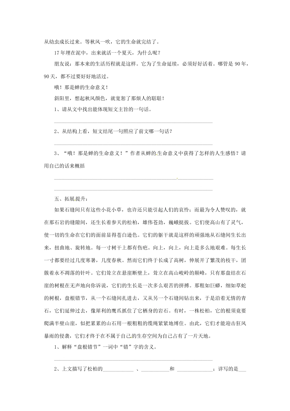 湖北省咸宁市嘉鱼县城北中学七年级语文上册 蝉导学案 （新版）新人教版_第3页