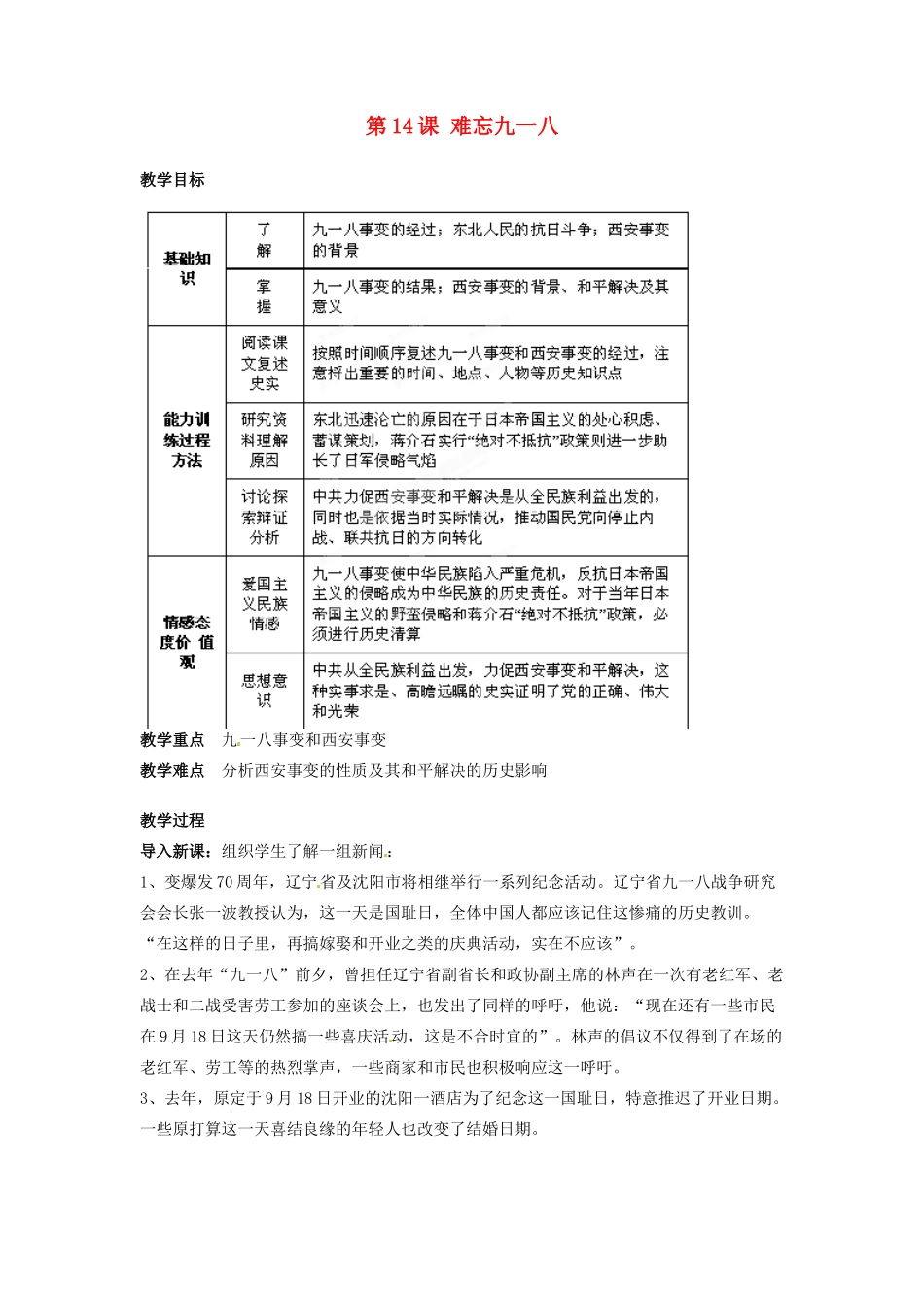 吉林省德惠七中八年级历史上册 第14课 难忘九一八教案 新人教版_第1页
