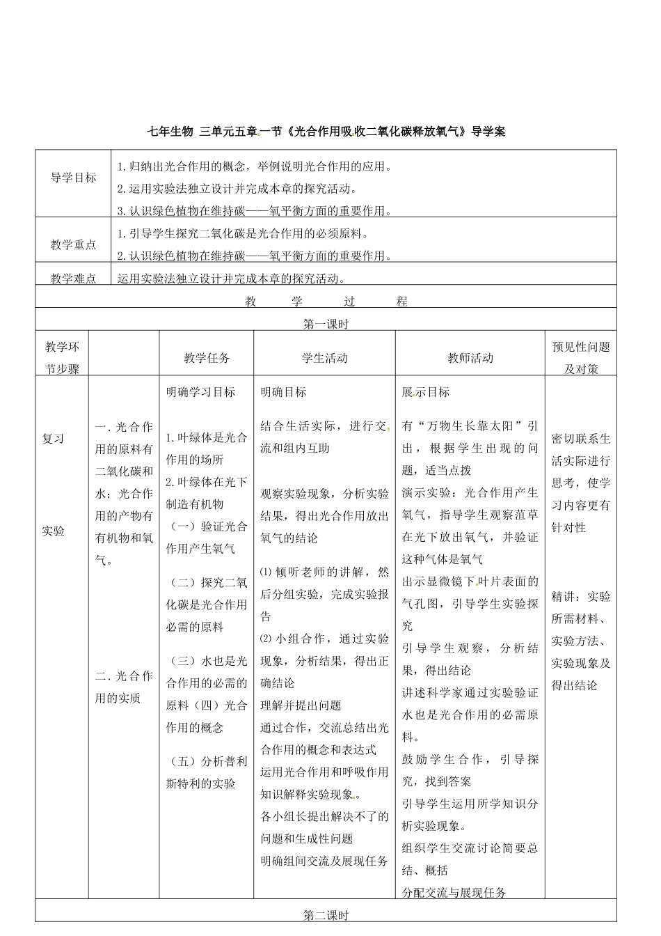 吉林省通化市七年级生物上册 第3单元 第5章 第1节 光合作用吸收二氧化碳释放氧气导学案1 （新版）新人教版-（新版）新人教版初中七年级上册生物学案_第2页