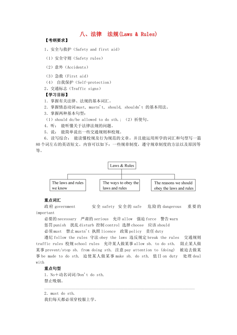 广东省中考英语突破复习（第二部分 话题部分）八 法律 法规（Laws  Rules）导学案-人教版初中九年级全册英语学案_第1页