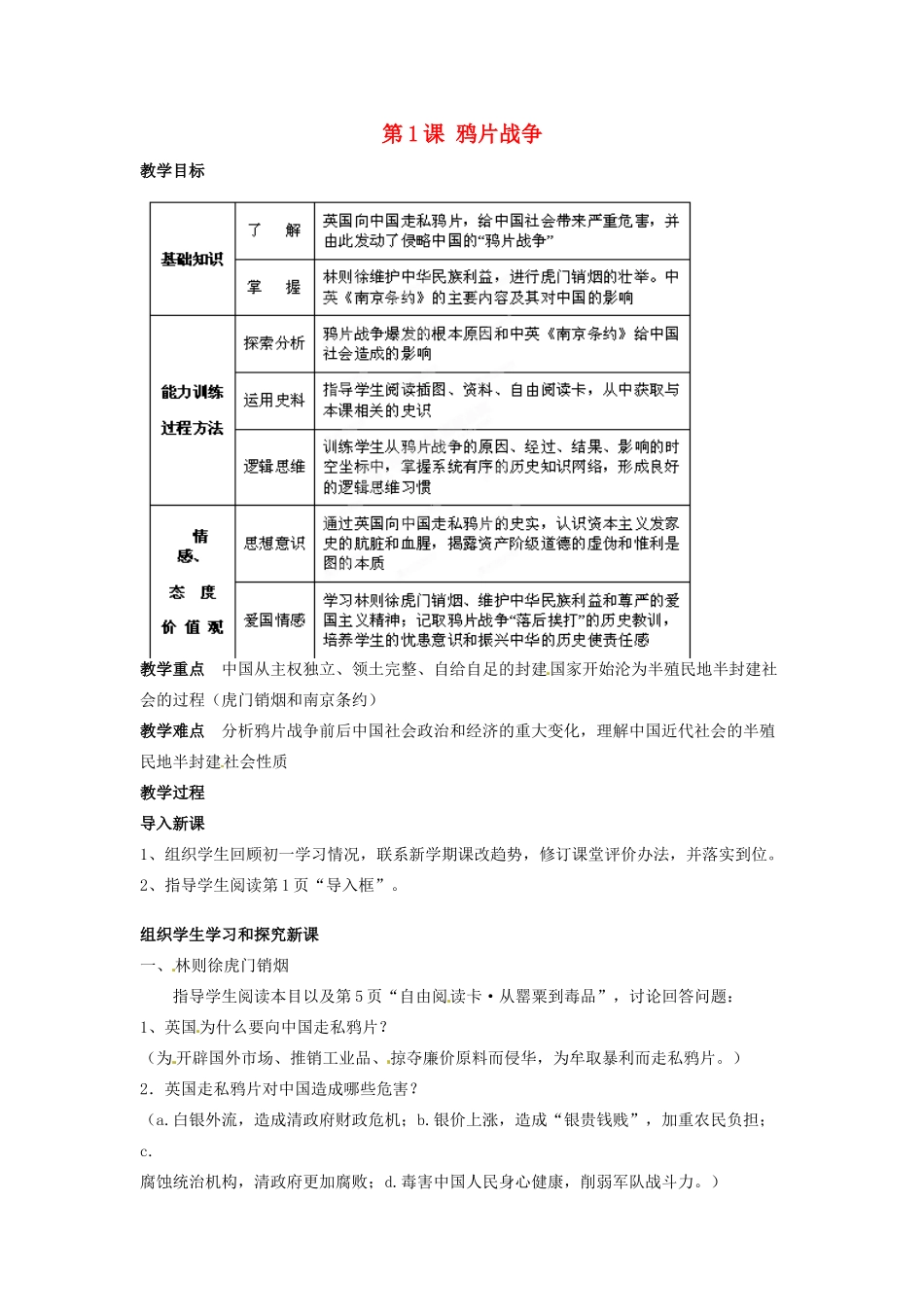 吉林省德惠七中八年级历史上册 第1课 鸦片战争教案 新人教版_第1页