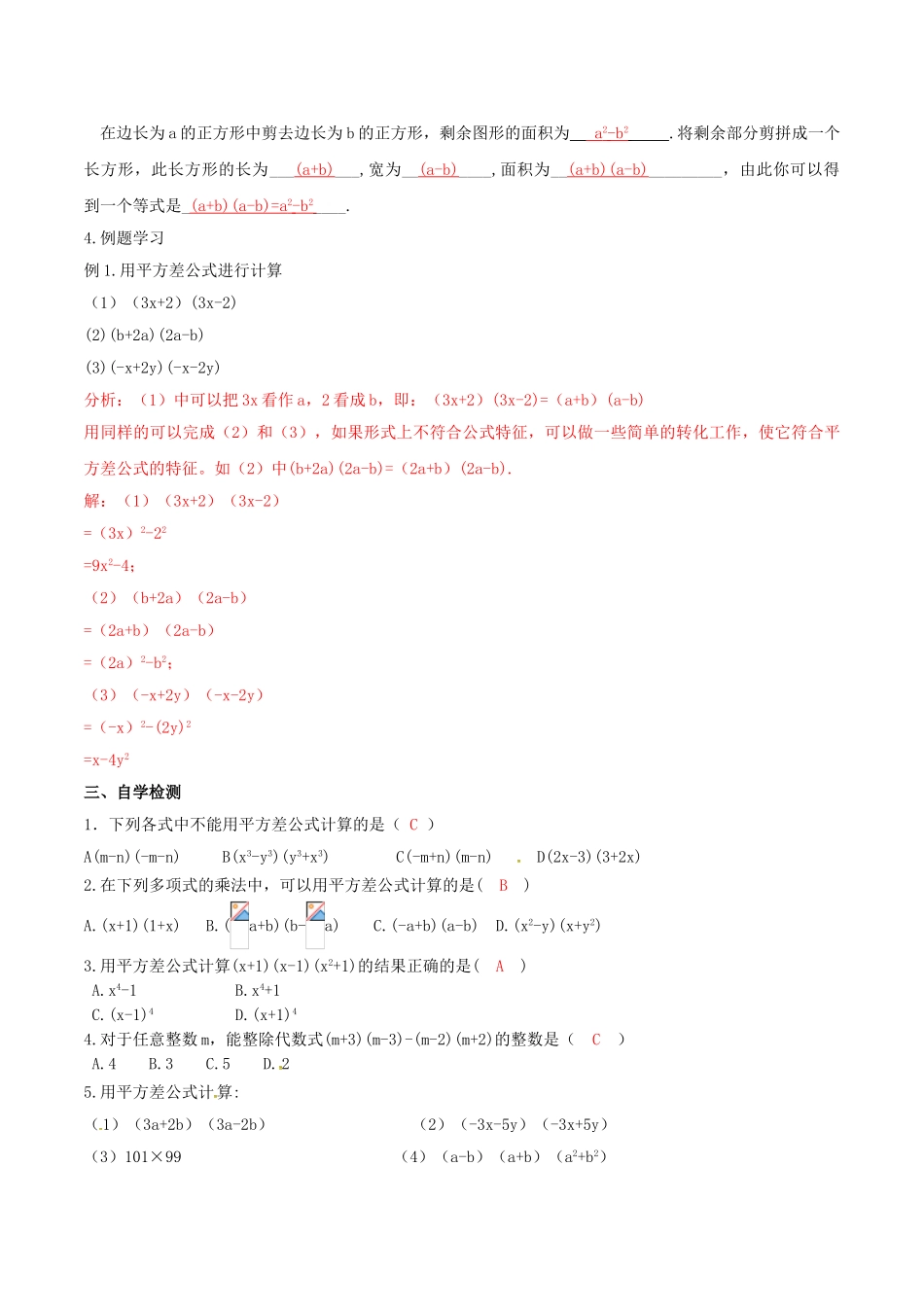 北大绿卡八年级数学上册 14.2.1平方差公式学案（含解析）（新版）新人教版-（新版）新人教版初中八年级上册数学学案_第2页