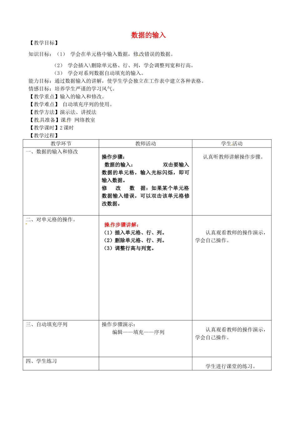 河北省秦皇岛市抚宁县驻操营学区初中信息技术 数据的输入教学设计 新人教版_第1页