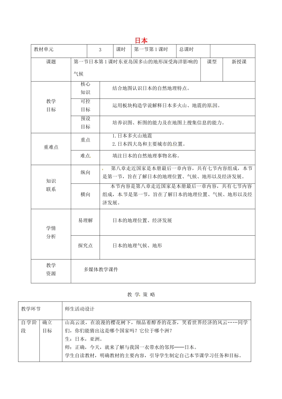 甘肃省临泽县七年级地理下册 第八章 第一节 日本教学设计 （新版）湘教版-（新版）湘教版初中七年级下册地理教案_第1页