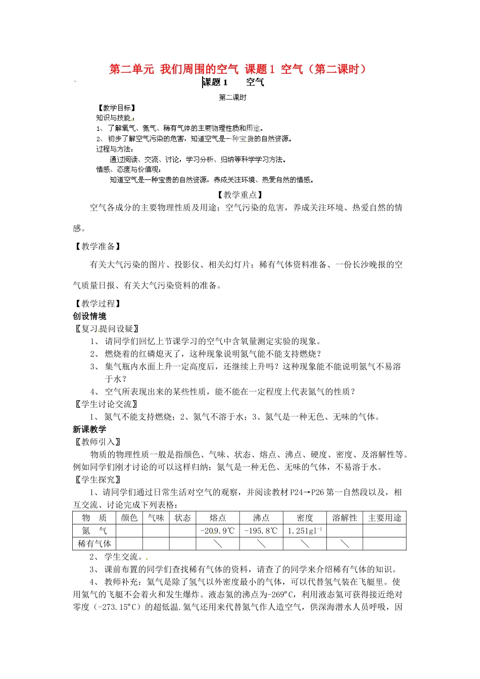 湖南省浏阳市大瑶镇大瑶初级中学九年级化学上册 第二单元 我们周围的空气 课题1 空气（第二课时）教案 （新版）新人教版_第1页