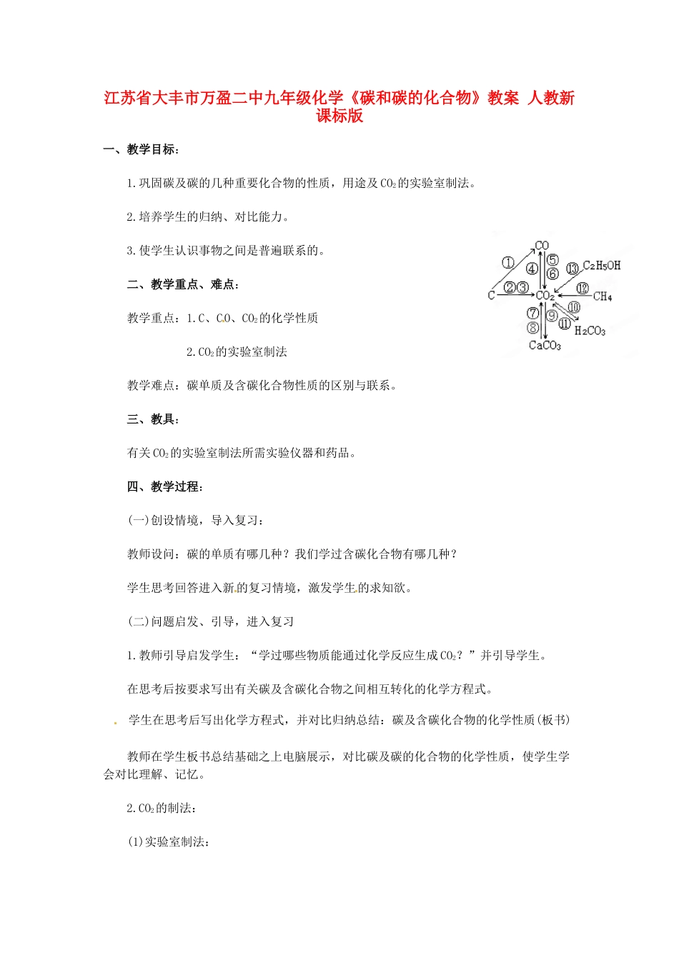 江苏省大丰市万盈二中九年级化学《碳和碳的化合物》教案 人教新课标版_第1页