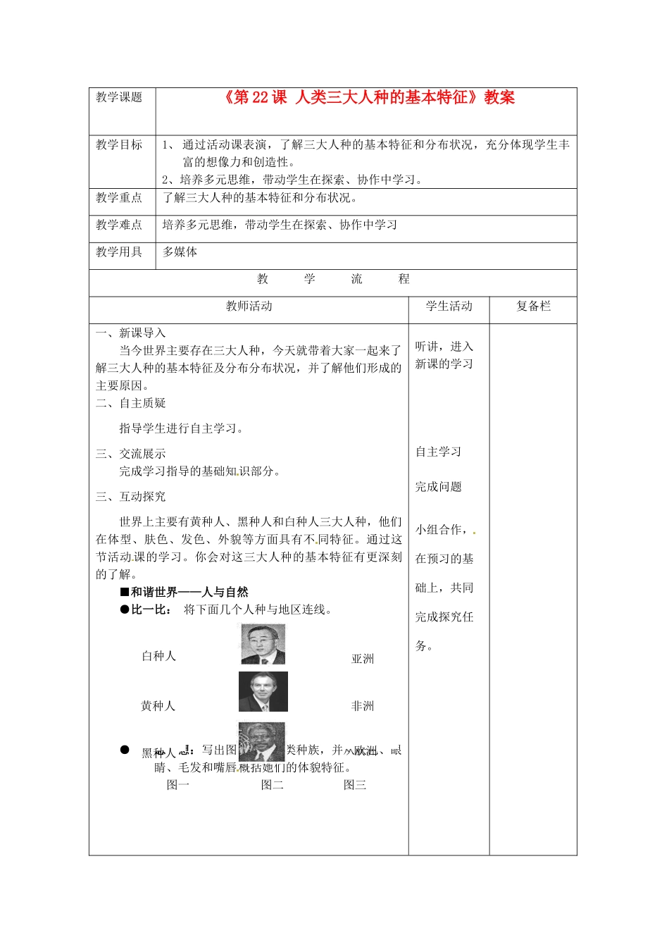 江苏省连云港市岗埠中学八年级历史下册《第22课 人类三大人种的基本特征》教案 北师大版_第1页