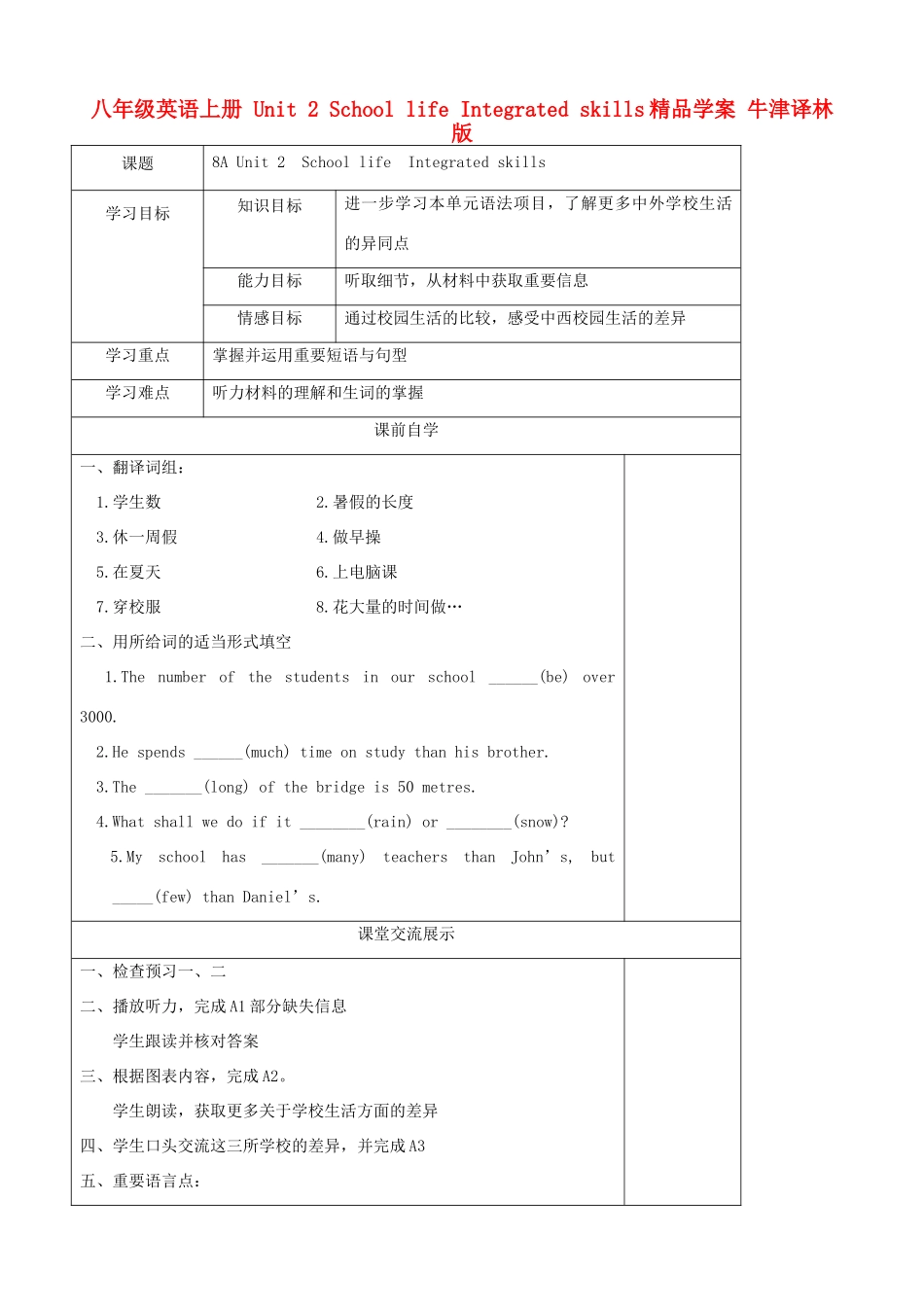 八年级英语上册 Unit 2 School life Integrated skills精品学案 牛津译林版_第1页