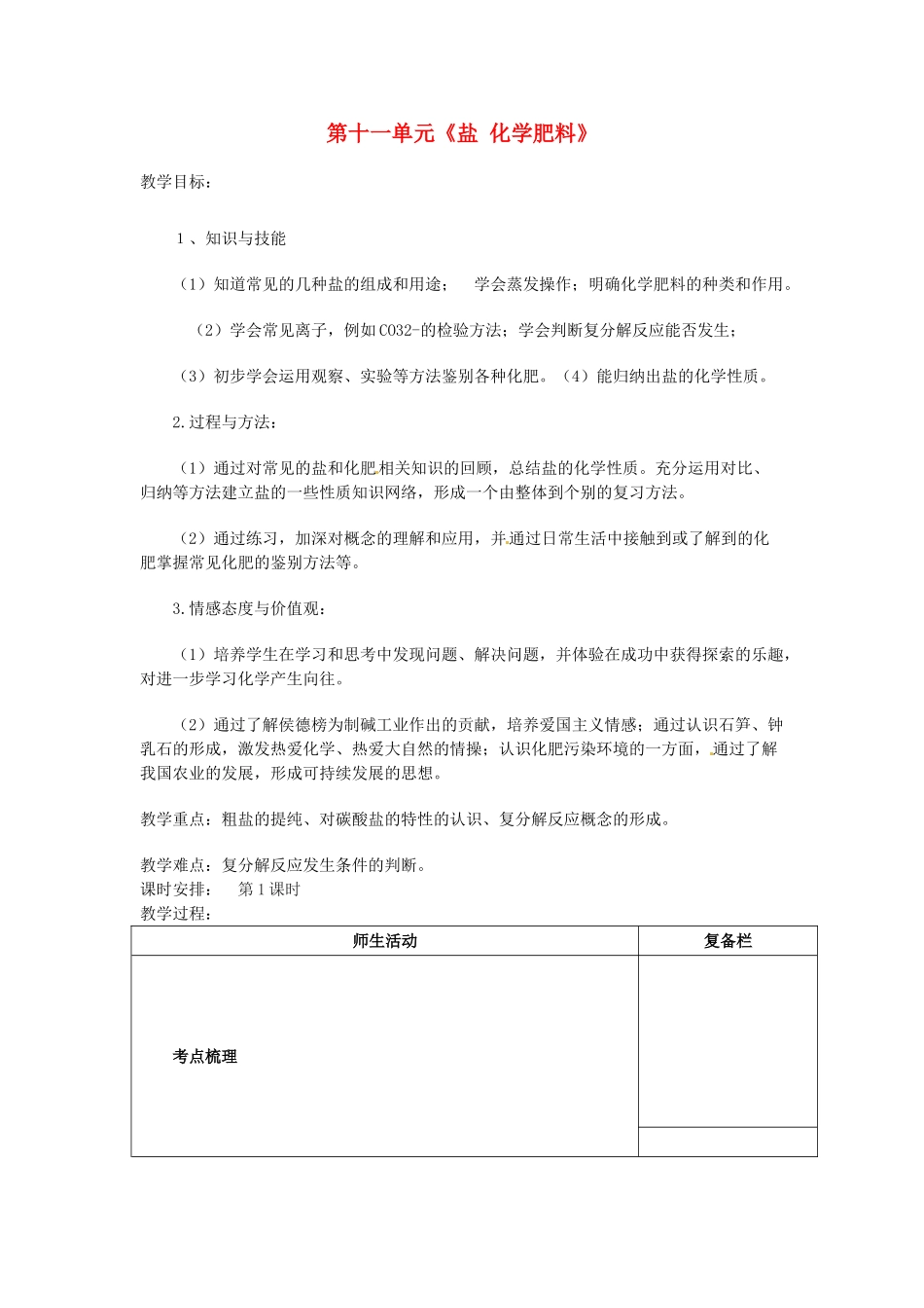 江苏省连云港市岗埠中学九年级化学下册 第十一单元《盐 化学肥料》复习教案 （新版）新人教版_第1页