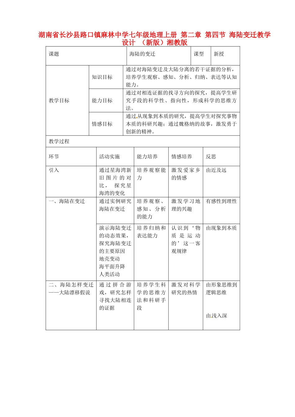 湖南省长沙县路口镇麻林中学七年级地理上册 第二章 第四节 海陆变迁教学设计 （新版）湘教版_第1页