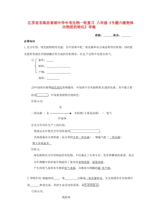 江苏省东海县青湖中学中考生物一轮复习 八年级《专题六植物体内物质的转化》学案