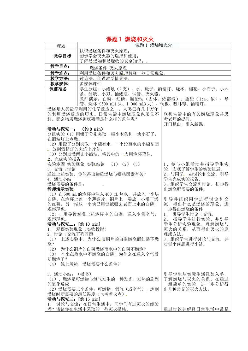 江苏省连云港市东港中学东校区九年级化学上册 课题1 燃烧和灭火教案 新人教版_第1页