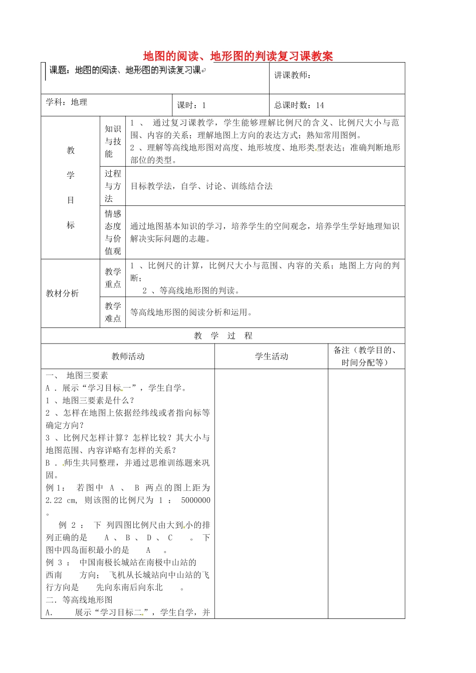 吉林省四平市第十七中学七年级地理上册 地图的阅读、地形图的判读复习课教案 新人教版_第1页