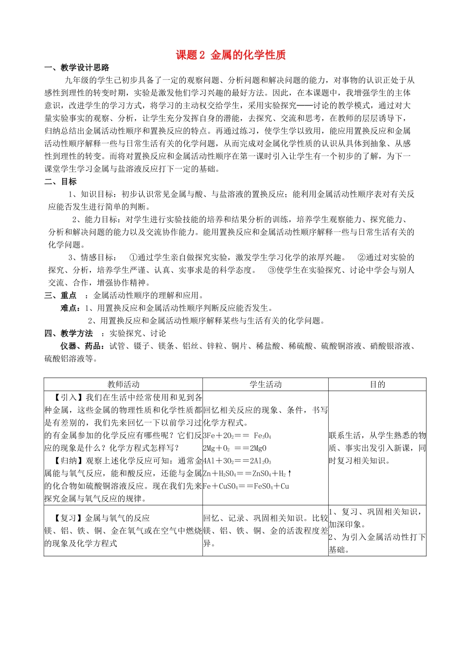 广东省中山市古镇初级中学九年级化学下册 第八单元 课题2 金属的化学性质教案（新版）新人教版_第1页