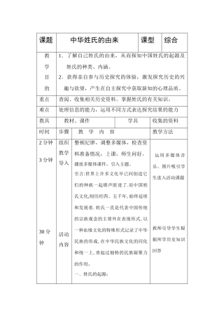 八年级历史中华姓氏的由来 教案