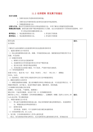 福建省福清西山中学九年级化学下册 11.2 化学肥料 常见离子的鉴定教案 新人教版