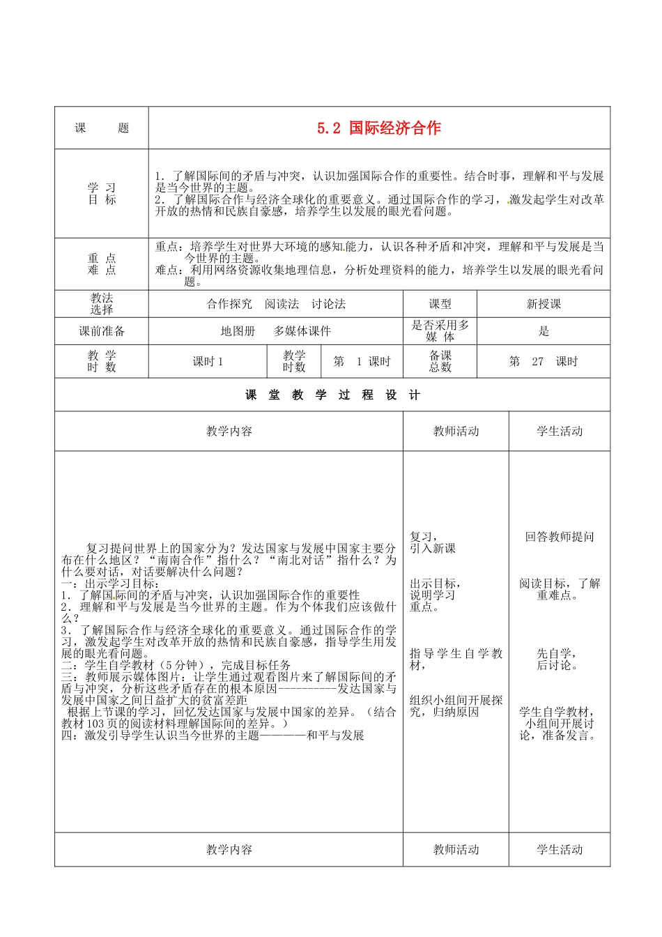 甘肃省酒泉市瓜州县第二中学七年级地理上册 5.2 国际经济合作教学案 湘教版_第1页