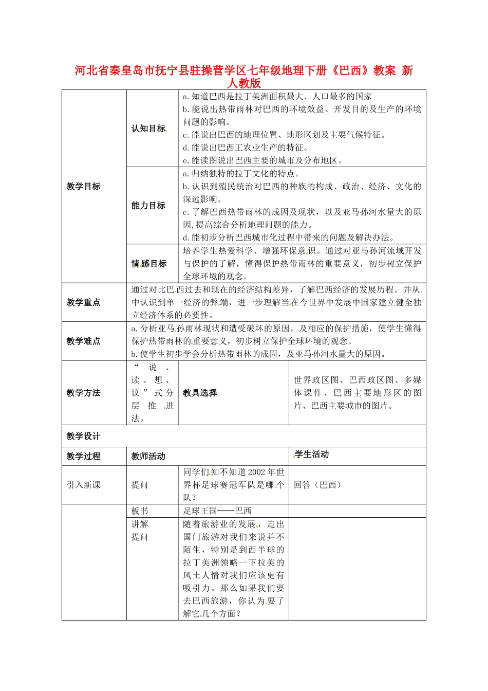 河北省秦皇岛市抚宁县驻操营学区七年级地理下册《巴西》教案 新人教版_第1页