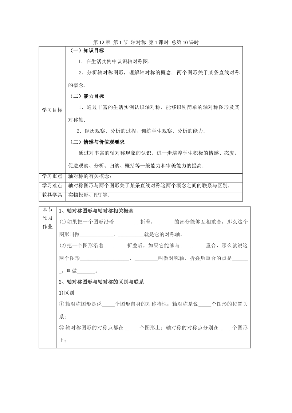 八年级数学上册 第12章 第1节 轴对称 第1课时 总第10课时教学案 新人教版_第1页