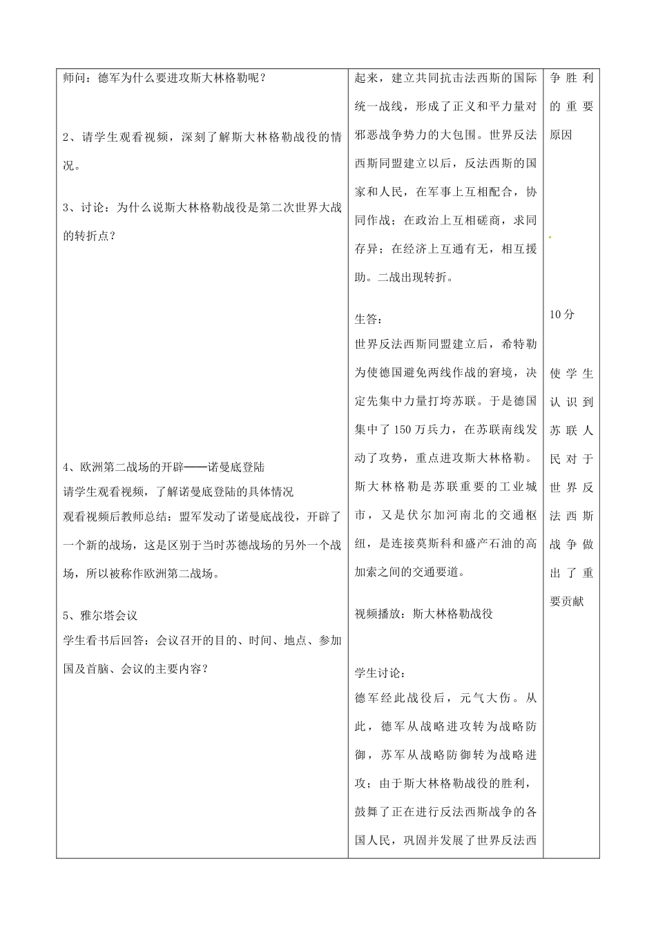 吉林省四平市第十七中学九年级历史下册《第7课 世界反法西斯战争的胜利》教学设计 新人教版_第3页