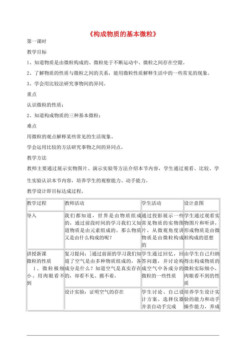 江苏省丹阳市前艾中学九年级化学全册《构成物质的基本微粒》教案 沪教版_第1页
