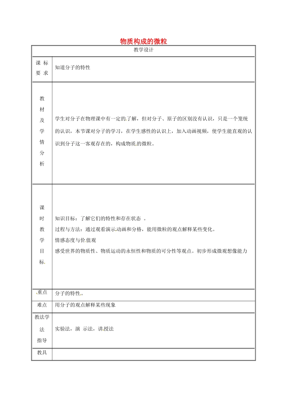 湖南省益阳市资阳区迎丰桥镇九年级化学上册 第2章 空气、物质的构成 2.2 构成物质的微粒（Ⅰ）—分子教案1 （新版）粤教版-（新版）粤教版初中九年级上册化学教案_第1页