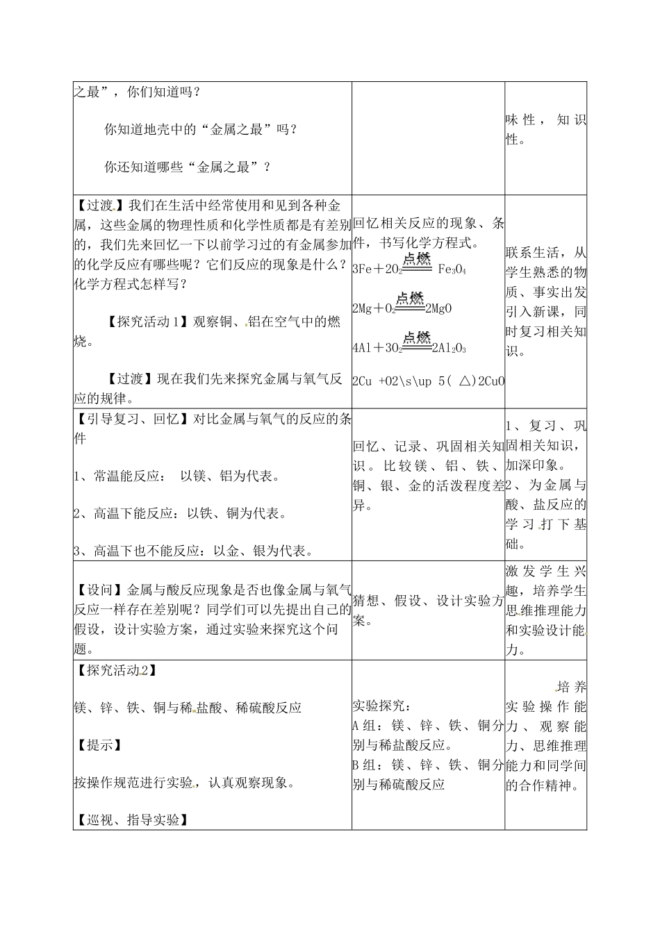 江苏省丹阳市前艾中学九年级化学全册《金属的性质和利用（第一课时）》教案 沪教版_第3页